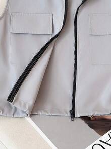 Cargo Style Zip-Up Hooded Vest With Large Pockets, Sleeveless, Versatile, For Spring, Summer, Autumn - Grey - View 5