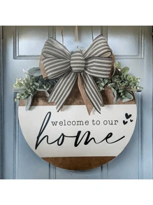 木制圆形标志悬挂欢迎标志，农舍门廊春季欢迎标志，用于前门装饰，前门装饰，欢迎来到我们家，前门花环，乔迁礼物