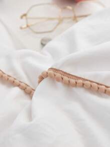 3pcs Synthetic Washed Cotton Beige Mini Pom Pom Duvet Cover Set, 1 Duvet Cover 2 Pillow Shams, Bedding Set