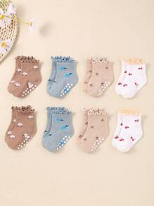 8 双可爱的女婴袜子，带木耳花边。这些是弹性踝袜，带有褶皱花边和樱花提花图案。带抓地力的婴儿袜 - 彩色 - 查看 4