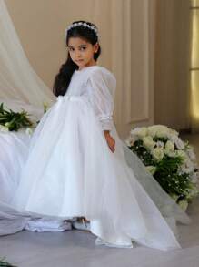 Tween Girls' Solid Color Lace Elegant Party Gown Dress With Train, Suitable For Prom, Banquet, Not Including Hair Accessories - White - View 6