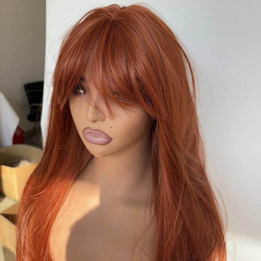 Layered Synthetic Hair Heat Resistant Long Straight For Party Dress Up Wigs Wear And Go Wig Rose Mesh Net With Bangs Copper Red - Copper red - View 1
