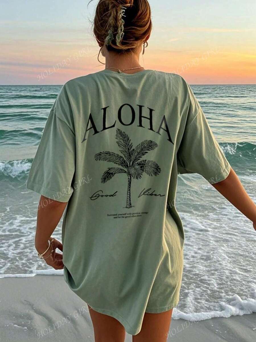 Damen Frühling und Sommer neue Palme Schriftzug Muster Alltag Lässig Rundhals Kurzarm T-Shirt, modischer Urlaubsstil, Ihr tägliches Essential. Grafik T-Shirts Frauen Weißes Top Schwarzes Top Rosa Top Urlaubsoutfits Frauen