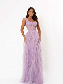Dress For Weddings And Events With Corset And Flared Skirt. - Lilac Purple - View 2
