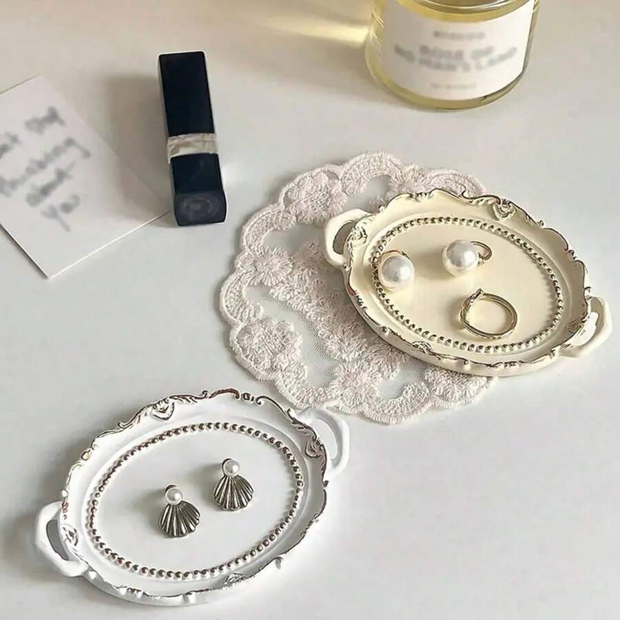 1pc Elegant Lace Design Jewelry Tray - Ideal For Photography Props, Still Life Arrangement And Decorative Storage, Photography Background Decorative Tray, Small Size Suitable For Rings Or Earrings, 2.95in/4.45in