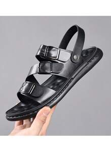 Men's Genuine Leather Sandals Slip-Resistant Waterproof Summer Driving Sports Increase Height Casual Beach Slippers - Black - View 1