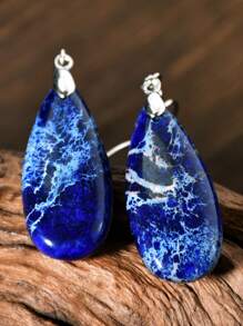 Brincos pendurados em formato de gota vintage, decoração de pedra natural, estilo boêmio retrô, enfeites de orelha para feriados, gradiente de cor, azul e verde