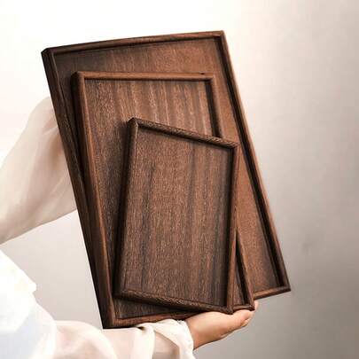 1pc/3pcs Brown Wooden Rectangular & Round Serving Tray, Household Dessert Plate, Hotel Restaurant Coffee Plate, Tea Tray, Fruit, Sushi, Steak, Bread, Snack Wood Display Platter, Clear Texture Cup Saucer