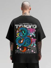 Manfinity Men's Tokyo Dragon God Pattern Casual Short Sleeve T-Shirt, Suitable For Friends - Black - View 1