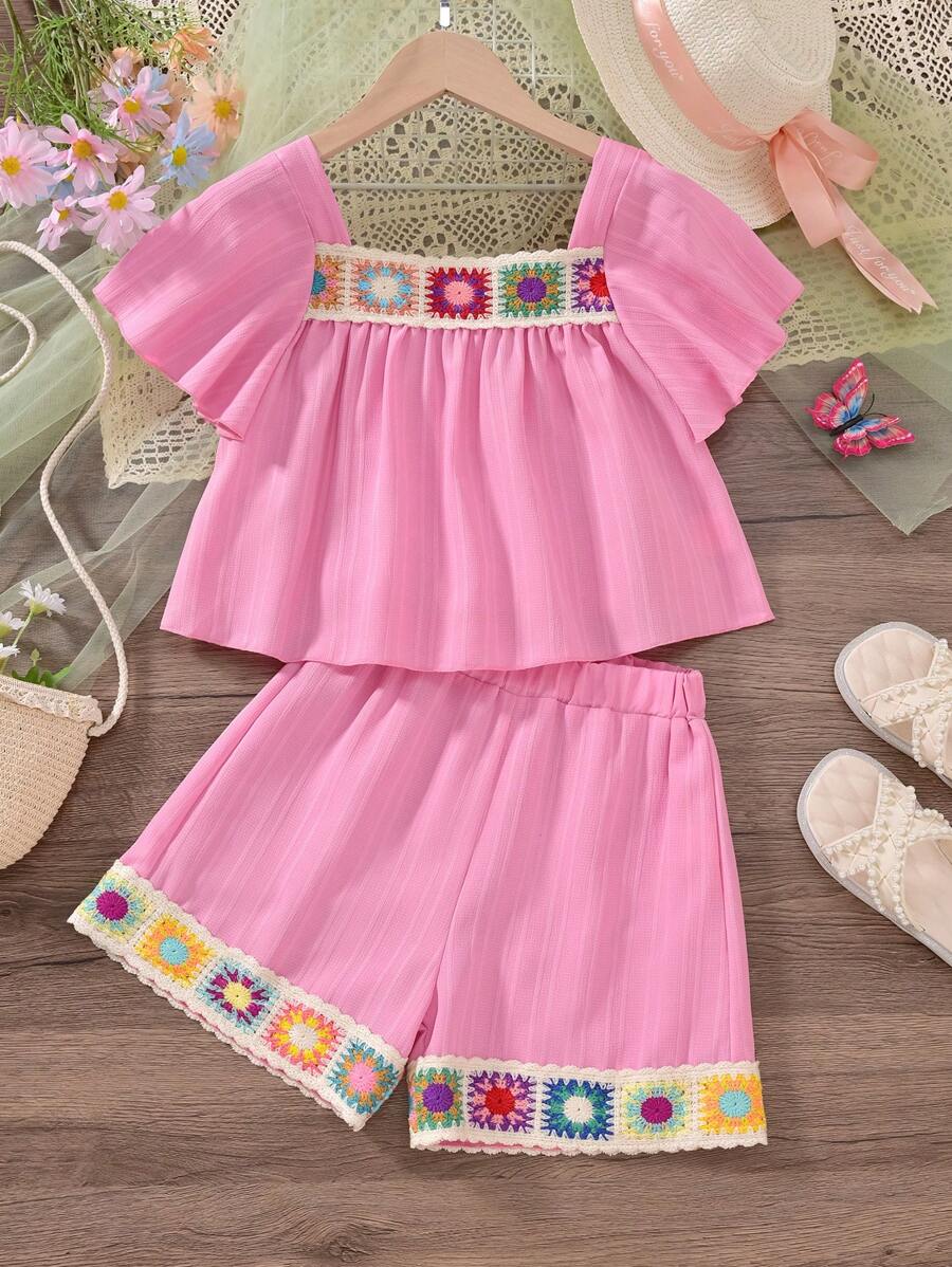 Vihyde Tween Girls Hollow-Out Ribbon Collar Ruffle Trim Casual Short Sleeve Top & Shorts Set, Holiday Suit - Coral Pink - View 1