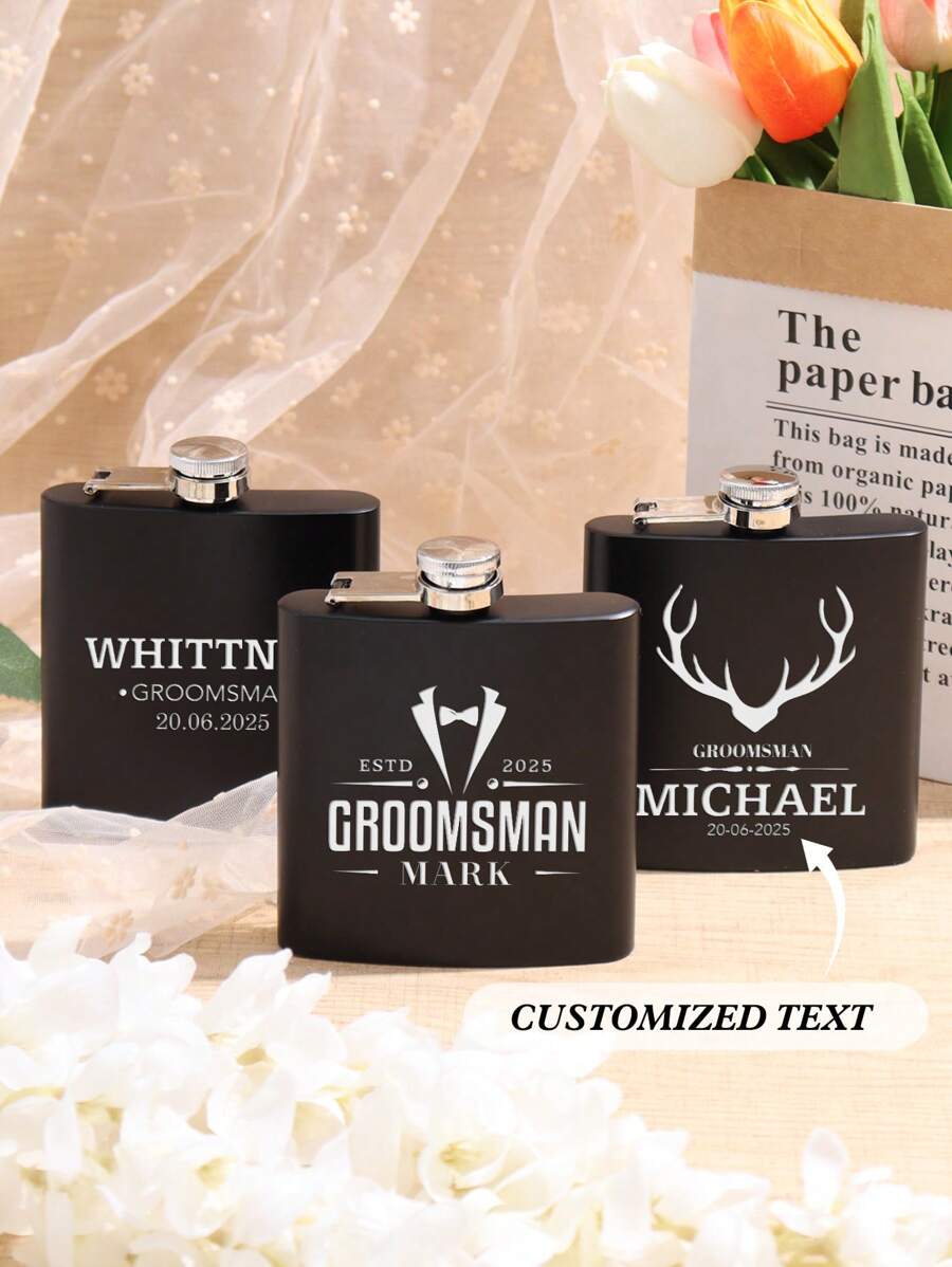 Customized 6oz Black Flask, Engraved Flask, Gift For Him, Engraved Men Gift, Groomsmen Gifts, Gift For Groom, Best Dad Gift, Wedding Party Favors - Black - View 1