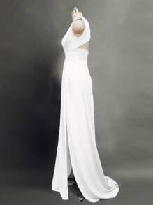 Vestido elegante sin mangas con cuello en V y volantes, vestidos de fiesta elegantes, blusas elegantes dama, vestidos de noche elegantes, vestido largo sexy sin espalda. - Blanco - Ver 8