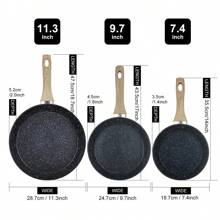 ABKOK 1pc/2pcs/3pcs Cookware Set, Thick Bottom Non-Stick Coating, Wooden Handle, Easy To Clean, Suitable For Various Stoves And Kitchen Cooking, Please Note The Size, Choose Set Or Single Pan - Black - View 3