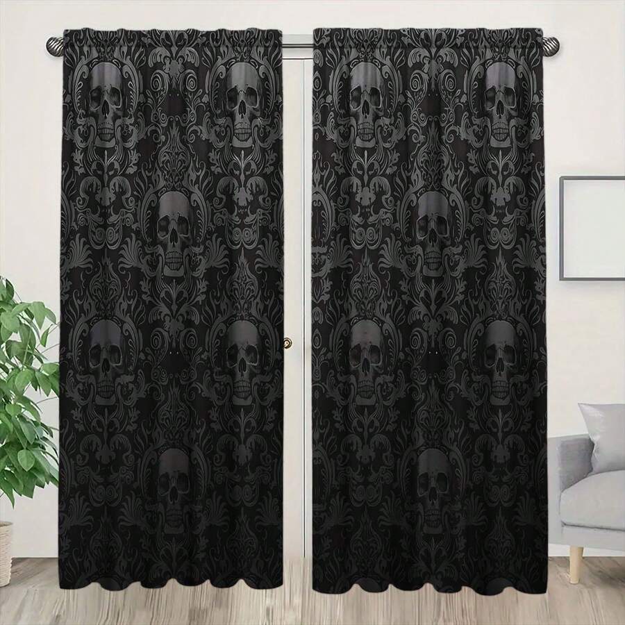 2pcs Skull Print Art Deco Curtains Enhance The Home Style And Are Suitable For Artistic Home Window Decoration In Living Room, Bedroom, Shower Room, Balcony