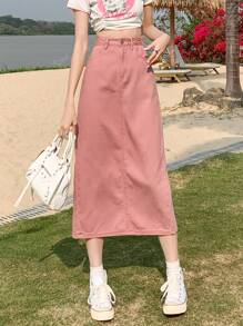 Women's Adjustable Waist Casual Vintage Washed Slit Midi Denim Skirt, Loose & Flattering