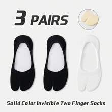 3 Pairs Women's Plain Solid Color Comfortable Antibacterial Moisture-Wicking Two-Toe Japanese Zori Style Low Vamp Hidden Heel Non-Slip Toe Socks, Suitable For All Seasons