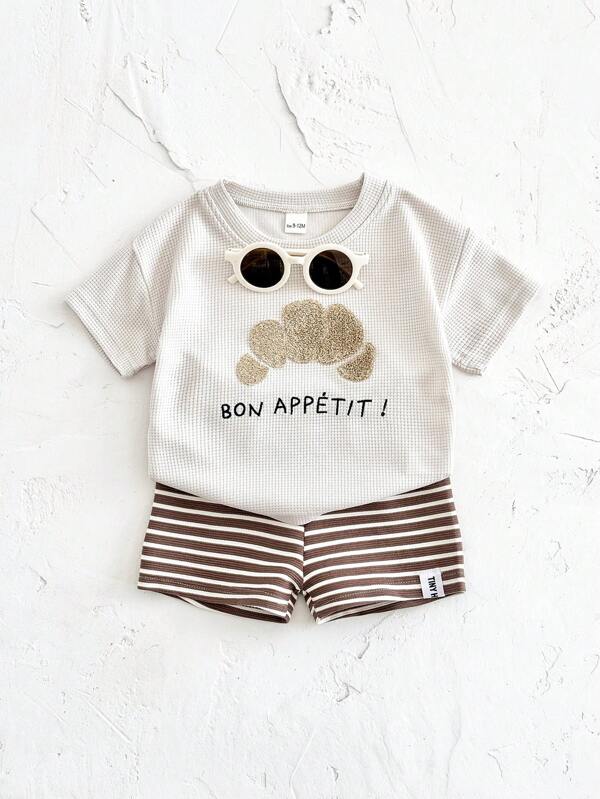 2pcs/Set Baby Boys/Girls Vacation Outfit - Horn Button Embroidered Waffle Shirt + Striped Shorts, Summer