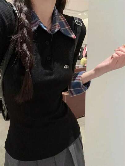 여성용 폴로 칼라 더블 레이어 체크 패치워크 긴팔 티셔츠, 스타일리시한 슬림 핏 긴팔 탑
