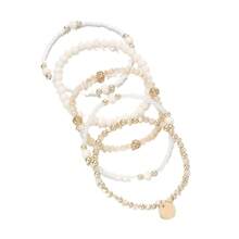 PHCOO 5pcs/Set Elegant Alloy Round Disc Pendant, CCB Faux Crystal Resin Beaded Elastic Bracelets, European & Boho Style For Women