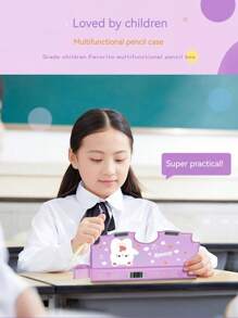 1 件随机卡通多功能文具盒，创意双层大容量简约铅笔盒，个性化笔盒，适合学生、女孩和儿童返校，铅笔袋，书包 - 紫色 - 查看 3