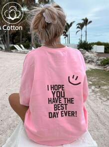 Personalised Smile Alphabet Slogan，Women's Sweatshirt Cotton Top Off Shoulder Comfortable Curve Super David Clothing Basic Round Neck Loose Casual Street College Style Spring Summer Long Sleeve