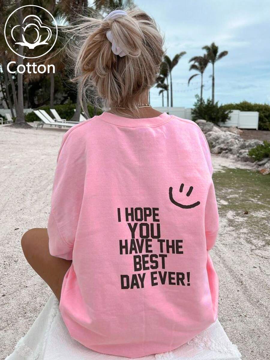 Personalised Smile Alphabet Slogan，Women's Sweatshirt Cotton Top Off Shoulder Comfortable Curve Super David Clothing Basic Round Neck Loose Casual Street College Style Spring Summer Long Sleeve