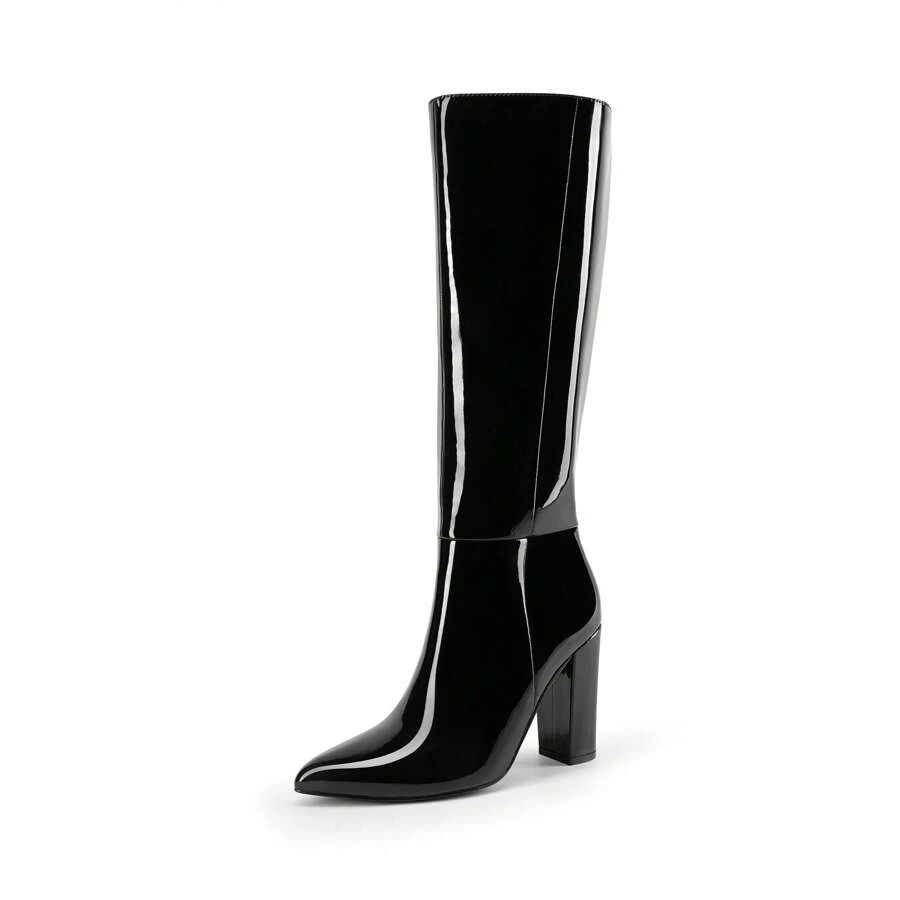 Women's Knee-High Boots, Comfortable Chunky Block Heel Pointed Toe Pull On Side Zipper Suede Slouch Riding Boots