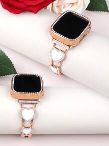 Ensemble combo de bracelet et de coque, bracelet métallique scintillant en strass avec ornement en forme de cœur pour femmes, coque de protection en PC avec strass, compatible avec Série Ultra/10/9/8/7/6/5/4/3/SE, 49/46/45/44/42/41/40/38mm