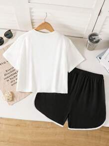 2 Pieces Tween Girl Letter Slogan & Cherry Number 8 Print Peter Pan Collar Short Sleeve Crop Top & Sports Shorts Set, Spring/Summer For Girls