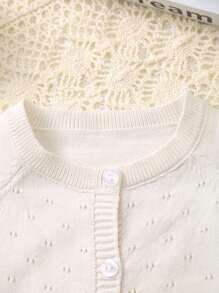 Infant Girls Lightweight Hollow Floral Pattern Button Crochet Long Sleeve Cardigan - Beige - View 2