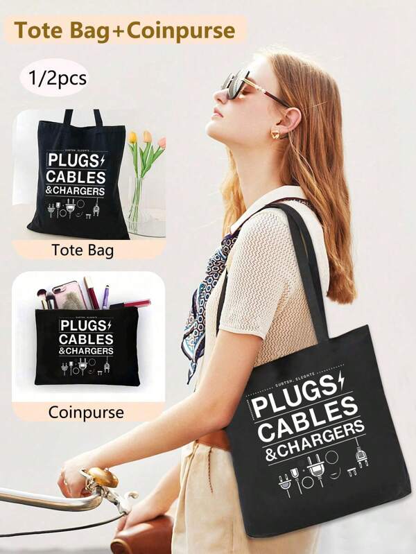 2PCS Plug Charger Printed Tote Bag And Storage Bag Set, Reusable Charger Storage Bag, Large-Capacity Beauty Bag Wash Bag, Unisex-Adult, Ideal Gift, Women, Sisters, Daughters, Birthday, Perfect For Travel, Vacation, Business, Fitness, Camping, Outdoor