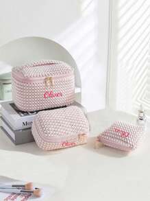 3er Set Kordsamt Make-up Taschen, bestickte Kosmetiktasche, Reise-Kulturtasche, Make-up Organizer, Reise-Kulturtasche, süße Make-up Tasche für Frauen und Mädchen, reisefreundlicher Organizer für Werkzeuge und Zubehör