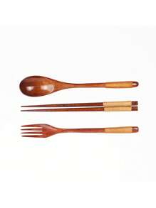 3/6 件高品质 3 件木制餐具套装 - 勺子、长柄日式叉子和筷子，非常适合搅拌水果和燕麦片 - 非常适合家庭聚会和节日庆祝活动、学校用品