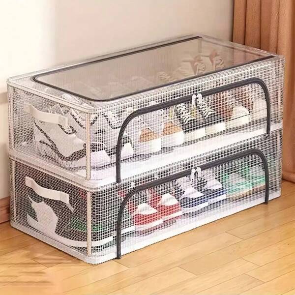 1 Caja de almacenamiento rectangular para zapatos, hecha de material de PVC transparente, no impermeable, de almacenamiento multifuncional, respaldada por un armazón de acero, con dos ventanas extraíbles, apta para zapatillas y tacones altos, para almacenamiento debajo de la cama, caja de almacenamiento plegable a prueba de polvo para el automóvil.