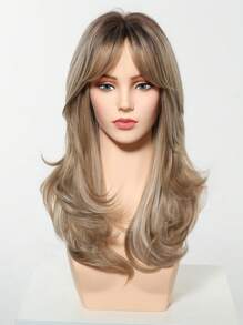 Parrucca lunga da 22 pollici con onde e frangia, colore castano sfumato con riflessi biondi, adatta per donna, resistente al calore, parrucca sintetica per uso quotidiano, feste e cosplay