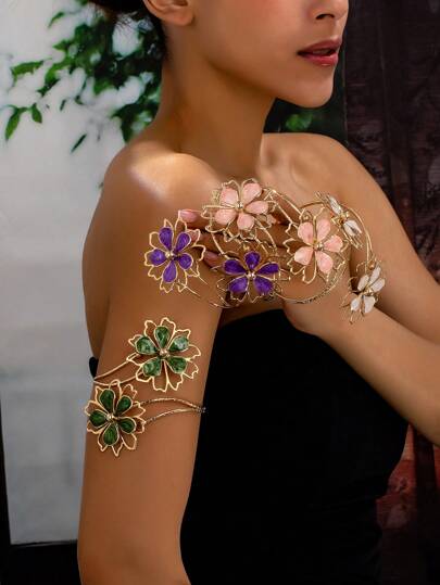 1pc 2-In-1 Iron Alloy Enamel Floral Design Open Bangle, Minimalist Elegant Fashion Bracelet, Suitable For Mother's Day, Gift, Party, Everyday Wear