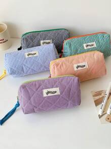 Estuche de lápices con diseño de color block y cuadros, estuche de lápices de diseño básico y suave para papelería, estudiantes, niñas, cosméticos y artículos varios, de vuelta a la escuela, útiles escolares, estuche de lápices, mochila escolar