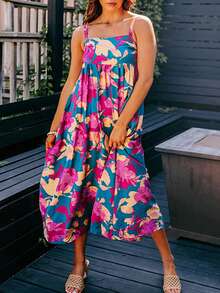 Acelitt Navy Blue Ditsy Floral High Waist Sleeveless Flare Maxi Dress - Multicolor - View 3