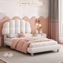 90 X 200 Cm Single Bed, Youth Bed, Upholstered Bed, With Height-Adjustable Headboard, Wooden Slatted Frame, Round Wool Fabric, White - 米色 - 查看 3