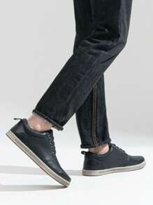 SHOESMALL Men's Leather Fashion Sneakers Classic Casual Black Shoes Retro Dress Sneakers For Men - AMY5122-黑色 - 查看 3