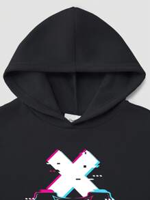 Sudadera con estampado gráfico "Game Over" para niños/adolescentes, sudadera con capucha casual oversize con forro polar, estilo streetwear de ajuste holgado, manga larga cómoda para otoño/invierno