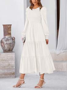 Women's Spring Wedding Guest Puffy Long Sleeve Maxi Dress Casual Round Neck Drawstring Layered A-Line Flutter Long Dress - Màu be - Xem 1