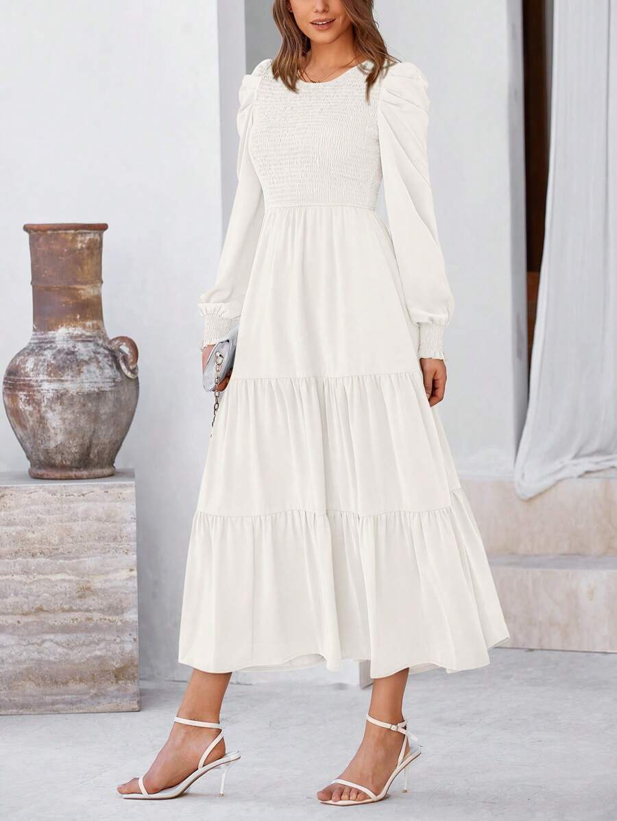 Women's Spring Wedding Guest Puffy Long Sleeve Maxi Dress Casual Round Neck Drawstring Layered A-Line Flutter Long Dress - Màu be - Xem 1