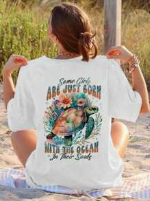 女士新款短袖圆领T恤，夏季连衣裙休闲T恤，带有海龟印花图案，甜美温柔的夏季上衣，适合日常休闲穿着，女士度假装，女士夏季装，女士图案T恤