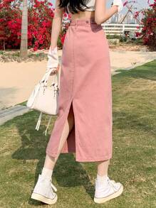 Women's Adjustable Waist Casual Vintage Washed Slit Midi Denim Skirt, Loose & Flattering