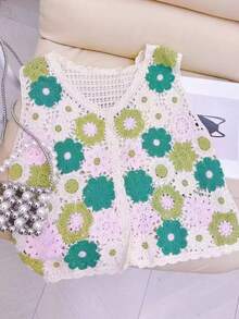 Colete de malha feminino retrô bordado com meio botão vazado e estampa floral em bloco de cores, estilo praia para férias