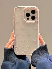 Una elegante funda para teléfono no incluye un cordón ni un soporte. Funda de lujo coreana con lazo, purpurina y diamantes, compatible con 16 15 14 13 12 Pro 11 14 15 Plus, cubierta transparente, regalo para chicas. - Rosa - Ver 6