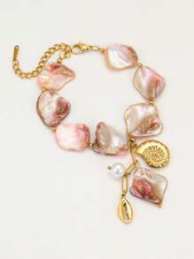 1 pieza Pulsera de acero inoxidable chapada en oro de 18K con concha y caparazón asimétricos, joyería de estilo oceánico de moda adecuada para mujer, uso diario, playa y como regalo