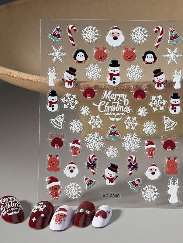 1 pieza Pegatinas de uñas 5D lindas de Navidad Calcomanías de Papá Noel, renos, copos de nieve y renos removibles para decoración de uñas DIY Slider Diseño de manicura de Año Nuevo