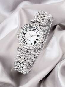 6-Piece Girl's Watch Set With Rhinestones, Roman Numeral Dial Quartz Watch + Bracelet, Necklace, Ring, Earrings, Alloy Band And Case, Gift For Mother's Day, Birthday, Anniversary - Multicolor - View 7